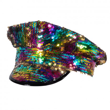 Kapiteinspet Rainbow switch (omkeerbare pailletten regenboog/goud)