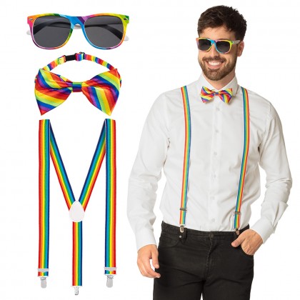 Set Classic regenboog (partybril, vlinderstrik en bretels)