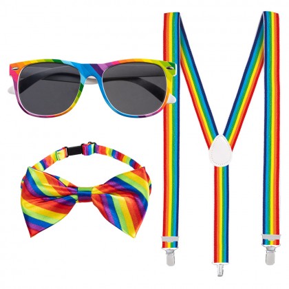 Set Classic regenboog (partybril, vlinderstrik en bretels)
