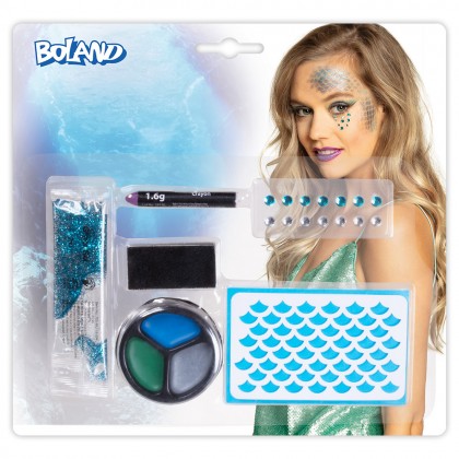 Schmink kit Zeemeermin (stencil schubben, strass steentjes, schmink stick, vetschmink, glitter gel, sponsje)