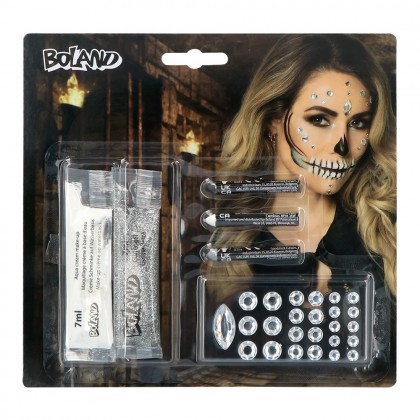 Schmink kit Diamantenschedel (schmink op waterbasis, schmink sticks, glittergel, strass steentjes)