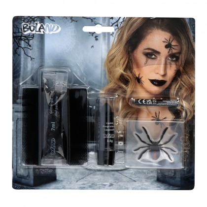 Schmink kit Zwarte weduwe (stickervellen met spinnen, sluier, glittergel, lippenstift, schminkstick)