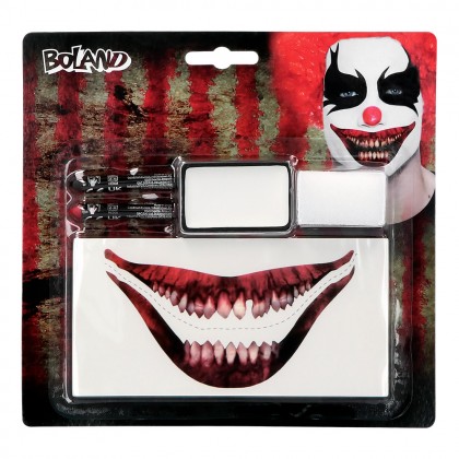 Schmink kit Terrible clown (stickertattoo met mond, vetschmink, schmink sticks, sponsje)