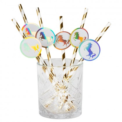 Set 6 papieren rietjes Eenhoorn (20 cm)