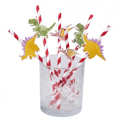 Set 6 papieren rietjes Dino party 3 designs (20 cm)
