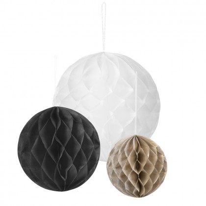 Set 3 papieren honingraat ballen Party Time 3 kleuren (20cm, 15cm, 10cm)