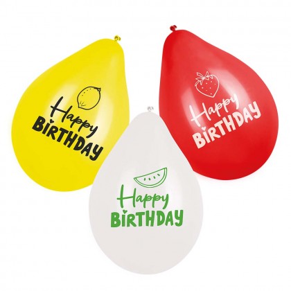 Set 6 Latex ballonnen Fruit 'Happy Birthday' dubbelzijdig (25 cm)