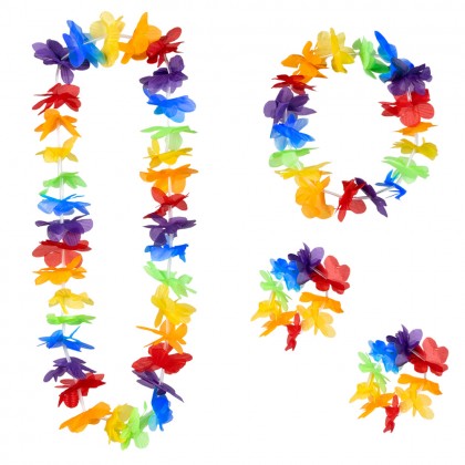 Hawaïset Rainbow (hoofdband, hawaïkrans en 2 armbanden)