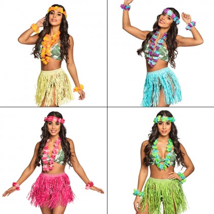 Set Kalia 4 kleuren ass. (hoofdband, hawaïkrans, 2 armbanden en rokje)
