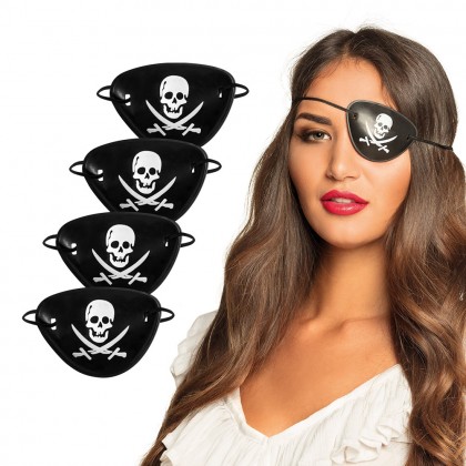 Set 4 piratenooglapjes Schedel & zwaarden