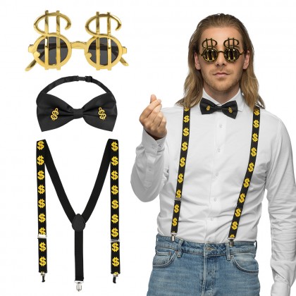 Set Dollar (partybril, vlinderstrik en bretels)
