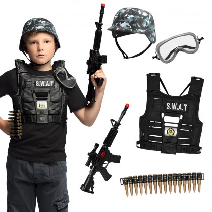 Kinderset 'S.W.A.T' (helm, vest, veiligheidsbril, kogelriem, geweer)