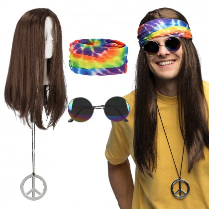 Set Hippie John (hoofdband, partybril, pruik en ketting)