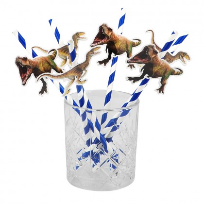 Set 6 papieren rietjes T-Rex 2 designs (20 cm)