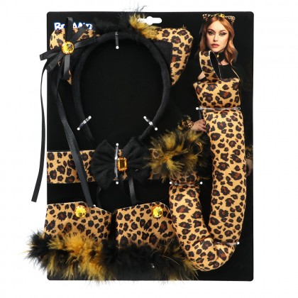 Set Cute leopard (Diadeem, choker, 2 armbanden, staart)