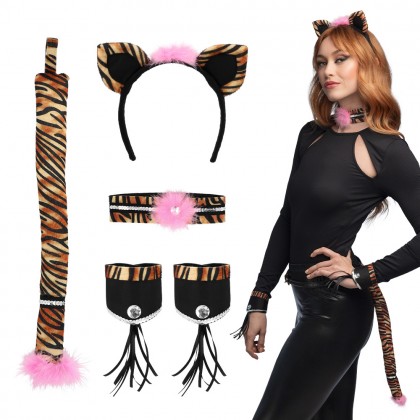 Set Sweet tiger (diadeem, choker, 2 armbanden, staart)