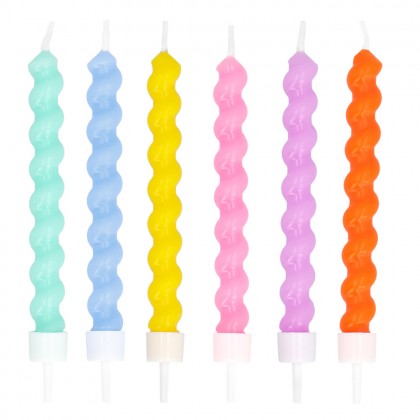 Set 6 swirl kaarsjes pastel op houder