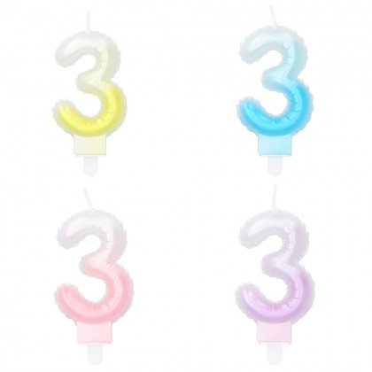 Kaarsje cijfer '3' pastel met houder (4 ass.)
