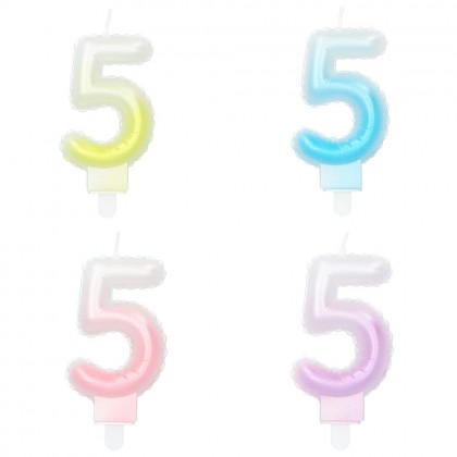 Kaarsje cijfer '5' pastel met houder (4 ass.)
