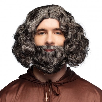 Pruik Joseph zwart/grijs met baard
