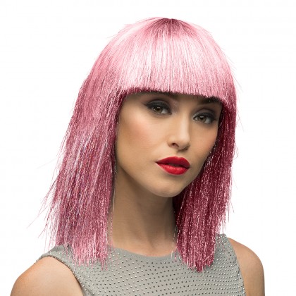 Pruik Crazy roze (zilver tinsel)