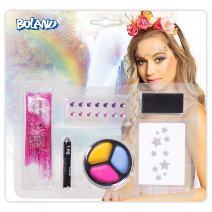 Schmink kit Eenhoorn (stencil sterretjes, strass steentjes, vetschmink, glittergel en spons)