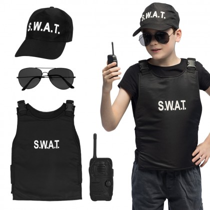 Kinderset 'S.W.A.T' officer (pet, vest, partybril, walkie-talkie)