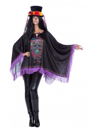 Day of the Dead poncho met paarse franje (V)