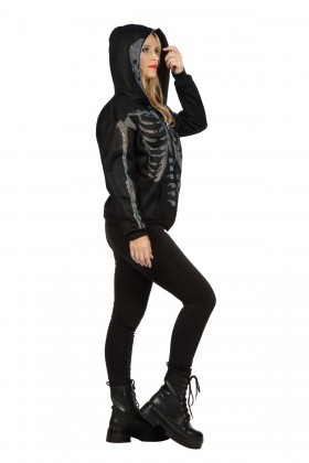 Hoodie met rits skelet strass steentjes