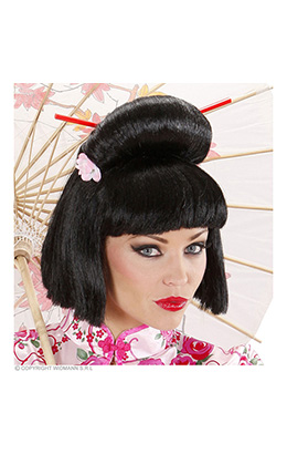 pruik, geisha met bloem en chopsticks