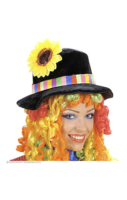pruik, clownshoed met bloem en lokken