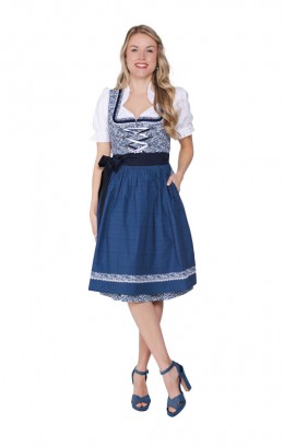 Dirndl jurkje 3-delig blauw bloemen polka dot 100% katoen