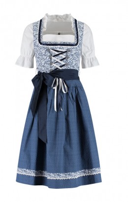 Dirndl jurkje 3-delig blauw bloemen polka dot 100% katoen
