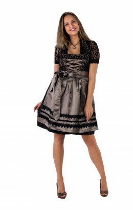 Dirndl jurkje zwart - taupe met kanten blouse 3-delig 