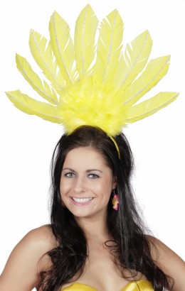 Tiara samba met veren geel